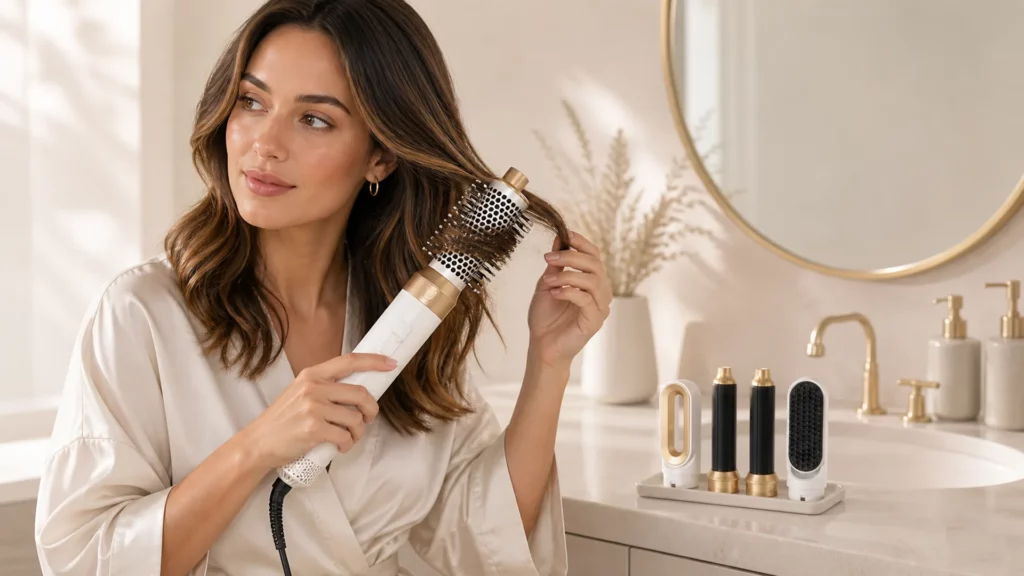 Femme se coiffant avec la brosse soufflante Melyss AirCurl
